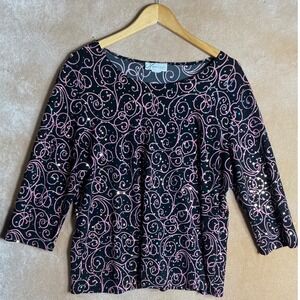 Dressbarn Woman Black Pink Swirl Glitter 3/4 Sleeve Top Tunic Size 1X